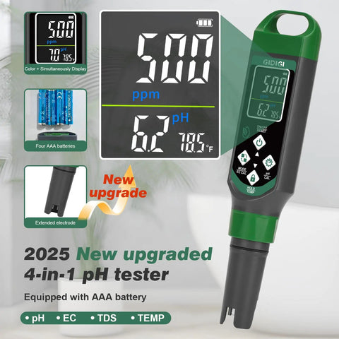 Digital Water Tester with large color screen for simultaneous pH EC TDS and temperature readouts, 4-in-1 pen for home use.