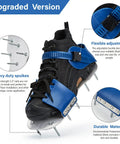 Close-up of upgraded black and blue lawn aerator shoes with metal spikes, highlighting flexible adjustment and durable material