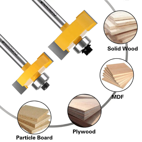 Quarter Inch Shank Rabbet Router Bit with Six Carbide Tips And Interchangeable Bearings, in use with solid wood, MDF, plywood.