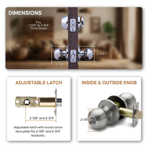 Ball Door Knob Set With Keyed Alike Deadbolt Satin Stainless Finish Easy Screwdriver Install shown with dimensions and latch details.
