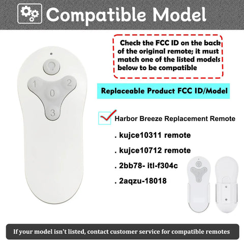 Replacement Ceiling Fan Remote Control For 10311TR214A 10712TR214B And 2BB78ITLF304C Models 3 Speed And Light Dimmer No Fuss Pairing Remote Only RF 304.25 MHz shown with compatibility list