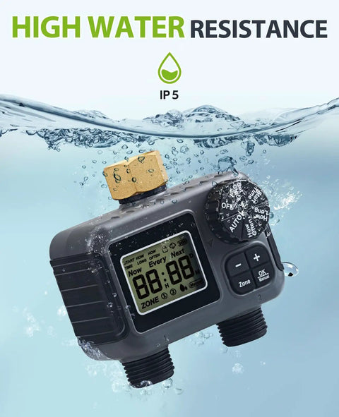 High water resistance 2 Zone Sprinkler Timer For Garden Hose with IP5 rating and brass connector submerged in water