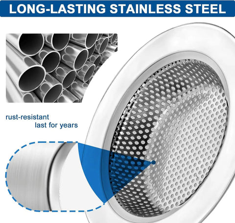 2 Pack Stainless Steel Kitchen Sink Strainer Set With Wide 4.5 Inch Rim Fits Most Standard Drains And Garbage Disposals Rust Free With 2mm Holes Smooth Rolled Rim That Will Not Scratch Hands, close-up image showing rust-resistant material