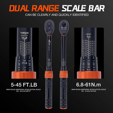 Three Eighths Inch Drive Torque Wrench 5 To 45 Ft Lb 6.8 To 61 Nm With Three Percent Accuracy Pro Grade 72 Tooth Dual Direction Mini Torque Wrench Featuring Reversible Head Quick Release And Dual Scale For Bike Maintenance. dual-scale torque markings