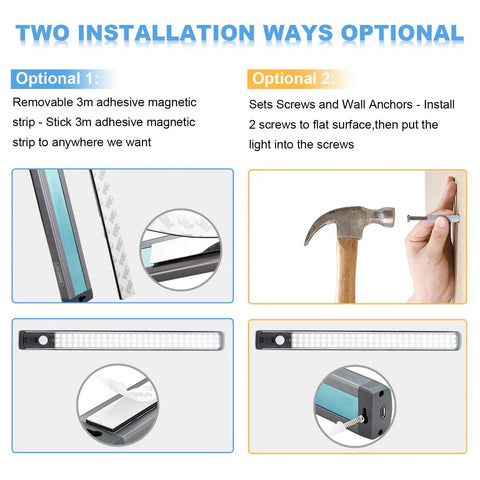 Installation options for 84 LED Motion Sensor Closet Light 4W Rechargeable Under Cabinet Wireless Wardrobe Lighting No Messy Wires For Closet And Kitchen 4000K 400lm Brightness 2500mAh Battery Powered Auto On Off