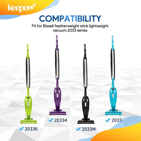 Bissell Featherweight Stick Vacuum models 2033, 2033M, 20334, and 20336 compatibility chart with colorful vacuums.