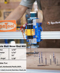 SpeTool 2-Flute Ball Nose End Mills with 1/32 in radius, set of several bits on a blue CNC router