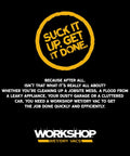 Promotional image with the text 'Suck it up. Get it done.' promoting WORKSHOP Wet/Dry Vacs for efficient cleanup.