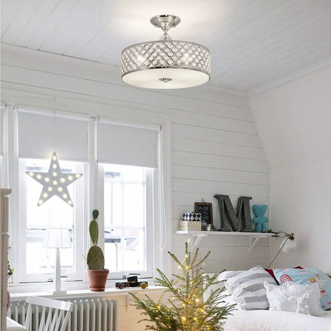Bedroom with Crystal Chrome Ceiling Light Fixture With 3 Lights Flush Mount Round 15 Inch Chandelier for modern glam look