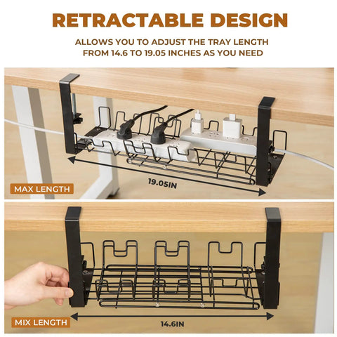 Retractable Under Desk Cable Management Tray With No Drill Clamp for 14.6 to 19.3 Inches, showing max and min lengths.