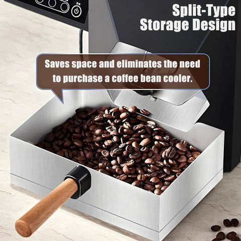 No Stress Daily Roasts With This 200 Gram Electric Coffee Machine showing a split-type storage tray filled with coffee beans.