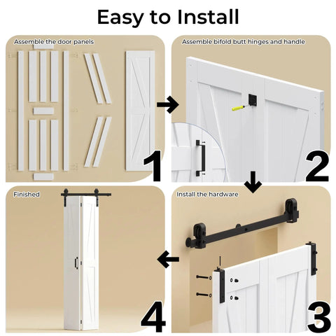 Installation steps for 24 X 84 Inch K Shaped Bifold Barn Door For Closets Heavy Mdf Frame With Tough Pvc Coating.
