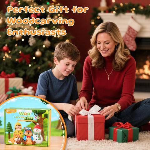 Family decorating for Christmas with Wood Carving Kit With 29 Piece Tools Whittling Set For Beginners DIY Hobbyists.