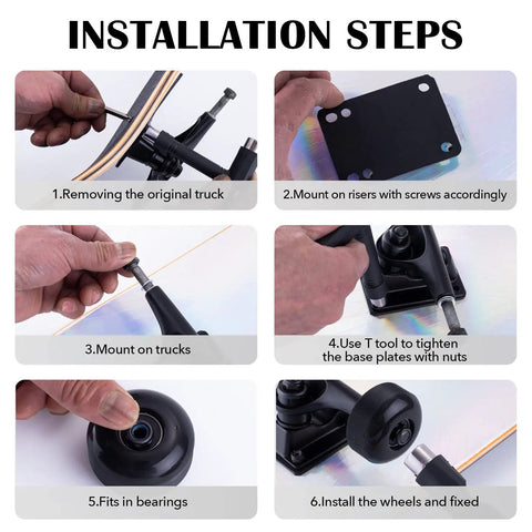 Installation steps for Durable Skateboard Hardware Combo Starter Kit With 52mm Wheels Aluminum Truck Set Bearings And Pads For 7.5 To 8 Inch Decks Black Finish Built Tough For Street Tricks And Park Sessions.