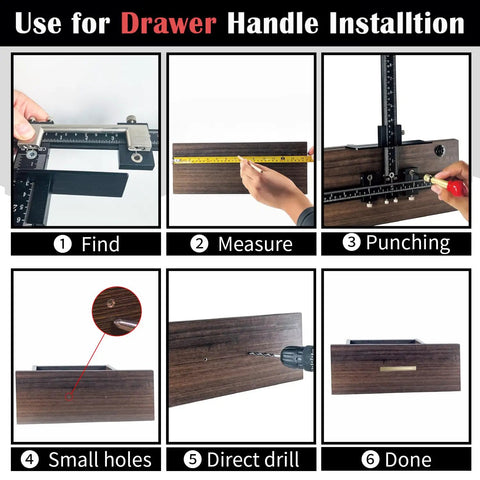 Heavy Duty Aluminum Alloy Cabinet Hardware Jig Kit With Auto Center Punch And Precision Drill Guide For Dead On Drawer Handle Mounting No Sweat Zero Shake Setup, step-by-step installation guide.