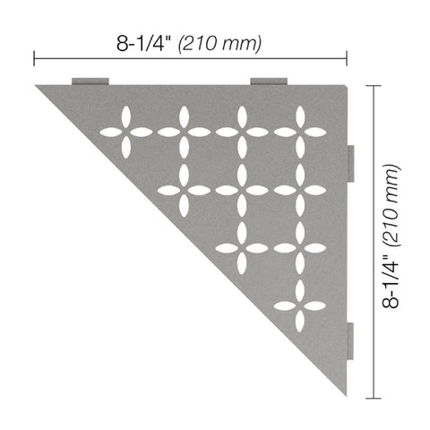 Triangular Corner Shelf For Tiled Walls In Floral Aluminum Design With A Stone Grey Finish No Drill Installation
