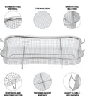 Stainless Steel Air Fryer Basket Set For Oven With Nonstick Mesh Rack showing features like fine mesh and reinforced base
