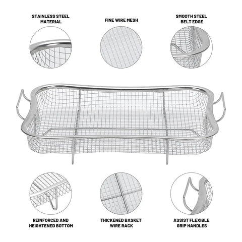 Stainless Steel Air Fryer Basket Set For Oven With Nonstick Mesh Rack showing features like fine mesh and reinforced base