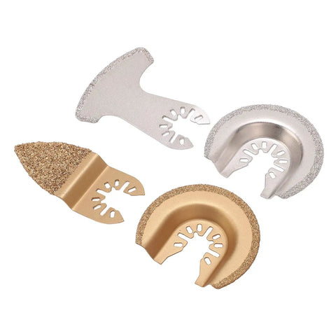 4 Piece Oscillating Saw Blades Multi Tool Kit With Semi Circle Finger Segment Blades High Grit Carbide Quick Release For Grout Ceramics Masonry Concrete And Detail Grinding Like A Pro showing four blades