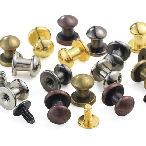 75 Pack Round Head Button Studs And Chicago Screws With Sleek Zinc Alloy Heads For Heavy Duty Leather Crafting Apparel Fix Ups And Purse Repairs A Hella Solid Hardware Kit That Tops Off Your Diy Projects And Locks Seams Tight - assorted round head studs in shiny zinc finishes.