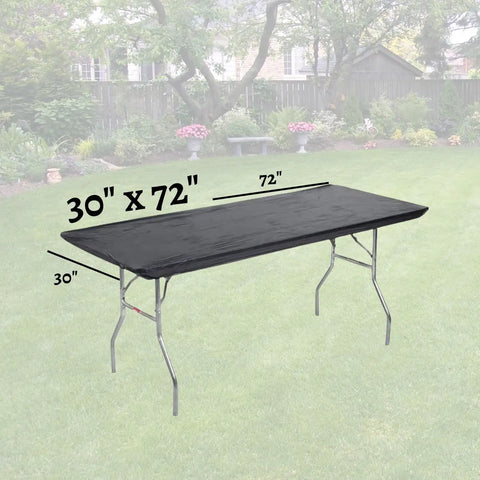 Five Pack Black 6 Foot Plastic Table Covers 30 By 72 Inches To Fit Banquet Tables With Elastic Corners And 4 Inch Adhesive Backing