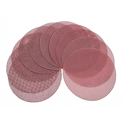 Super Cool 5 inch Mesh Sanding Discs With Hook And Loop Backing, 240 Grit Fine Aluminum Oxide For Wood and Metal Project Dust Free Set of 50 showing multiple 5 inch mesh discs stacked.