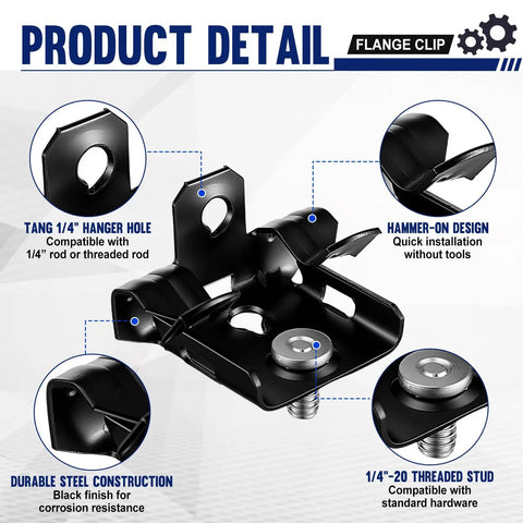 Bulk 50 Piece Workhorse Heavy Duty Hammer On Flange Clips With Threaded Stud For One Eighth To One Quarter Inch Flange Beam Clamp With Hole Cable Clip In Spring Steel Black E Coat Finish, 1/4" hanger hole