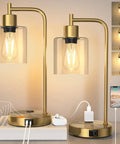 Set Of 2 Industrial Touch Desk Lamps With Two USB Ports And Two AC Outlets, 3-Way Dimmable Bedside Reading Lamps, 2700K Soft White Glass Table Lights For Living Room Or Bedroom, Charge Your Devices While You Chill, showing metal lamps with glass shades.