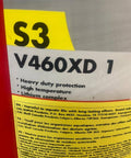 Label of a V460XD 1 heavy-duty high-temperature lithium complex grease container with safety warnings.