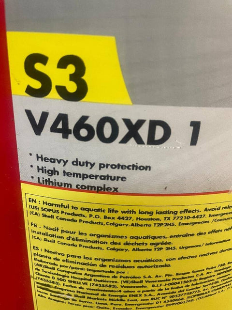 Label of a V460XD 1 heavy-duty high-temperature lithium complex grease container with safety warnings.