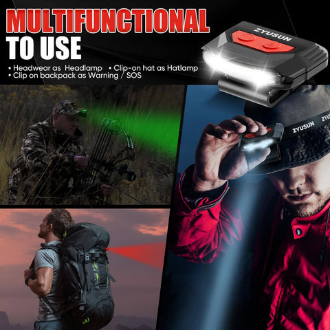 Collage of 2 Pack Rechargeable Cap Lights with Clip On Hat Mounts showcasing multifunctional use in hunting, hiking, and camping.