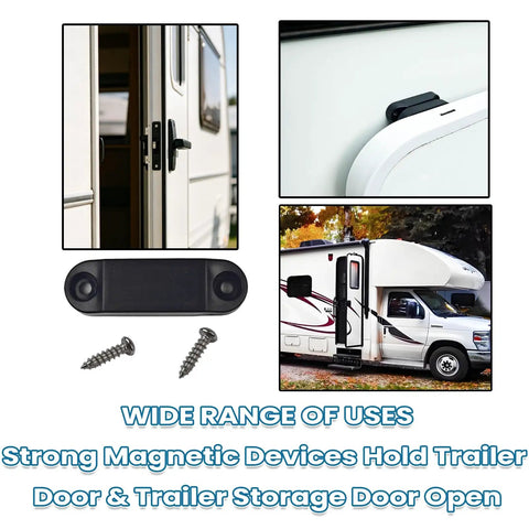 Heavy Duty Magnetic Door Catch And Holder Kit For RVs And Campers, 2 Pairs Of Magnetic Clips and screws shown with travel trailer