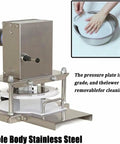Heavy Duty Electric Pizza Dough Press Machine Stainless Steel Roll Out Tool For Homemade Pastries close-up of base and pressure plate.