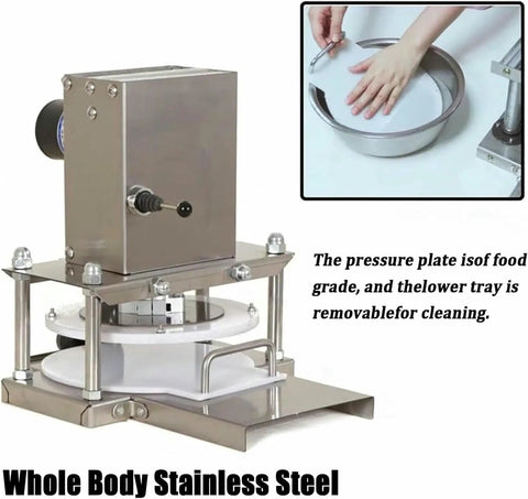Heavy Duty Electric Pizza Dough Press Machine Stainless Steel Roll Out Tool For Homemade Pastries close-up of base and pressure plate.