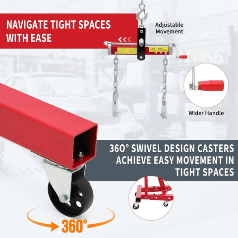 Heavy Duty 4400 LB Folding Cherry Picker Engine Hoist with 360° swivel casters for easy movement in tight spaces.