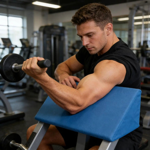 Man using blue Arm Curl Pad Cushion For Barbell Workouts, Pressure Resistant Sponge Core, 50x25x20cm in a gym setting.