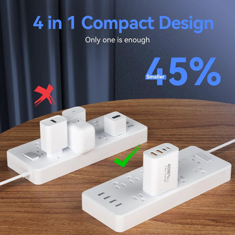 40W USB C Charger Fast Power Block With Four Ports PD Power Delivery And QC 3.0 USB C And USB A Multi Port Wall Charger shown on power strip