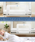 43 Inch Swing Down Crib Rail Guard For Toddlers installed on crib next to sleeping child with teddy bear.