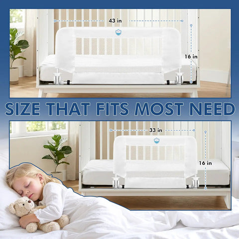 43 Inch Swing Down Crib Rail Guard For Toddlers installed on crib next to sleeping child with teddy bear.