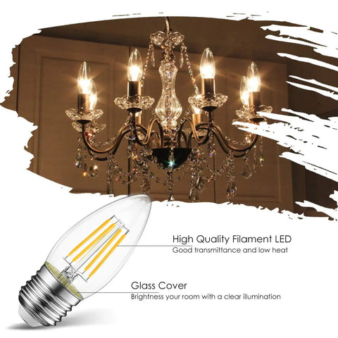 B11 LED Filament Bulb With E26 Medium Base 2700K Warm White Glow, decorative candle light bulb displayed with chandelier