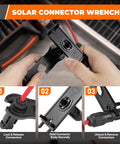 Hands using 30 Piece Solar Crimping Tool Kit With Wire Stripper, 25 Pairs Solar Connectors, Durable Suitcase, And 2 Spanner Wrenches for assembly