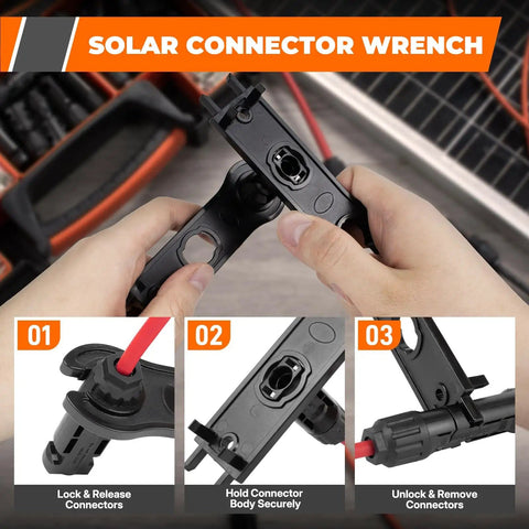 Hands using 30 Piece Solar Crimping Tool Kit With Wire Stripper, 25 Pairs Solar Connectors, Durable Suitcase, And 2 Spanner Wrenches for assembly