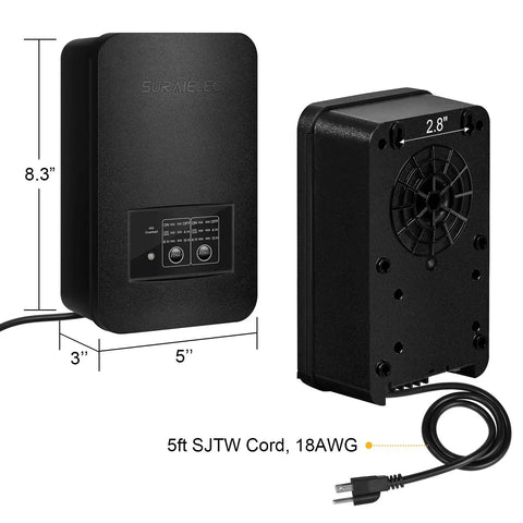 Front and side view of Low Voltage Landscape Lighting Transformer With Photocell Sensor And Timer, 120W, with 5ft SJTW Cord, 18AWG.