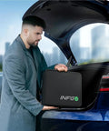 Person placing Portable Level 2 EV Charger 40A 9.6kW 240V in car trunk, showcasing NEMA 14-50 plug 25FT cable storage.
