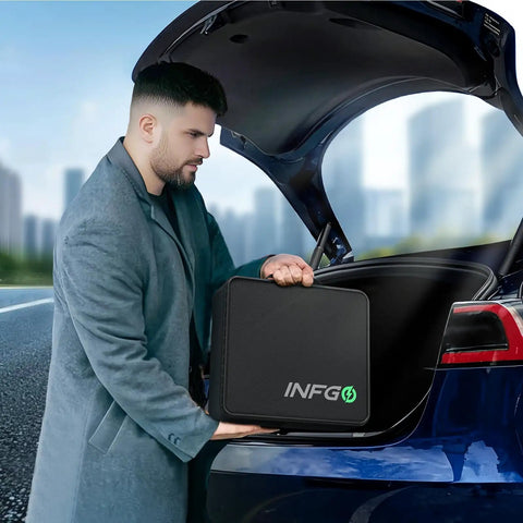 Person placing Portable Level 2 EV Charger 40A 9.6kW 240V in car trunk, showcasing NEMA 14-50 plug 25FT cable storage.