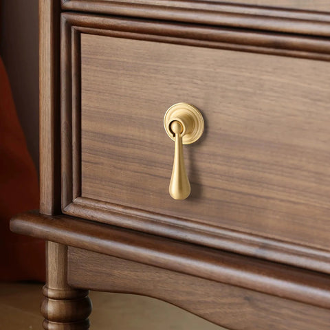 Solid Brass Cabinet Knobs 2 Pack In Brushed Gold Finish on wooden dresser drawer
