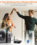 Bluetooth 5.3 Receiver For Home Stereo With LDAC And Built In DAC next to speakers with couple dancing in background