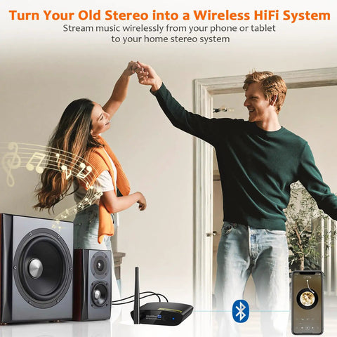 Bluetooth 5.3 Receiver For Home Stereo With LDAC And Built In DAC next to speakers with couple dancing in background