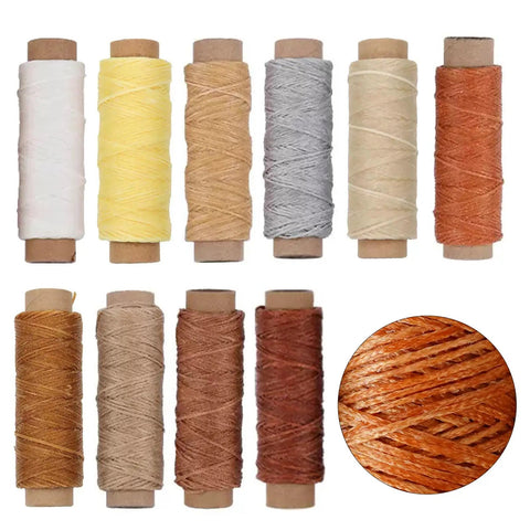 Ten spools of colored waxed threads from Leather Sewing Kit With Waxed Thread, Needles, Awls And Hand Stitching Tools For DIY Leather Projects, A Dope Gift For Adults, Home Crafting, Beginners To Pros.