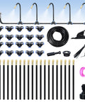 65 Foot Drip Irrigation Kit With Quick Connect Micro Mist No Fuss Watering System For Greenhouse And Garden Plug And Play DIY Setup Covers 215 Sq Ft Includes Distribution Tubing Tees Sprinkler Heads Ties And More, components displayed